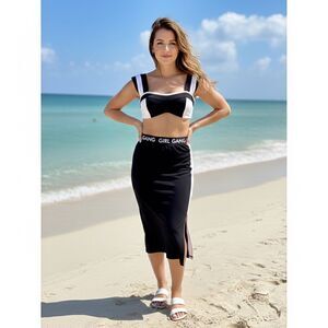 GIRL GANG MIMI Blush Black/White  Midi Skirt Size S